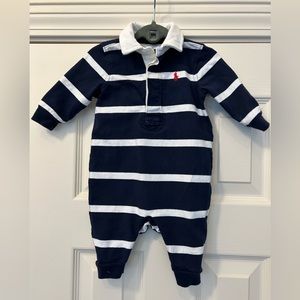 Baby Boy Navy and White Striped Rugby Coverall, Ralph Lauren, 3mo